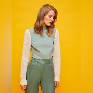 Cropped Sage Green Cowl-Neck Sweater with Cream Knit Sleeves